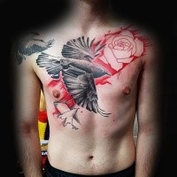 Photoshop style colored chest tattoo of black crow with roses