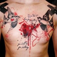 Photoshop style colored chest tattoo of human heart with lettering and birds