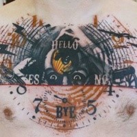 Photoshop style colored chest tattoo of creepy face with lettering and clock