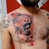 Photoshop style colored chest tattoo of human skull with ornaments