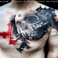 Photoshop style colored chest tattoo of human skull with red cross and lettering