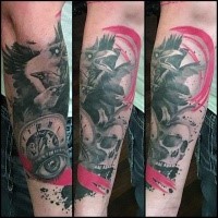 Photoshop style colored forearm tattoo of crows with clock and eye