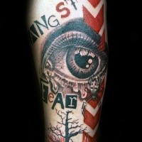 Photoshop style colored forearm tattoo of human eye with lettering and spider