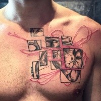 Photoshop style colored heart tattoo on chest