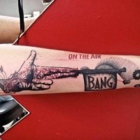 Photoshop style colored leg tattoo of human hand with lettering