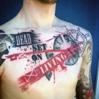 Photoshop style colored lettering with clock tattoo on chest