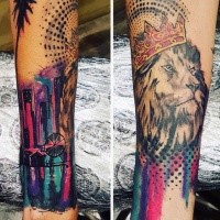 Photoshop style colored lion with night city tattoo on forearm