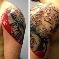 Photoshop Stil farbiges Puzzle wie ein Mann Gesicht Tattoo auf der Schulter