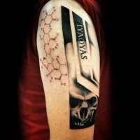 Photoshop style colored shoulder tattoo of human skull with lettering and chemistry formula