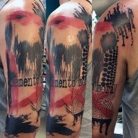 Photoshop style colored shoulder tattoo of lettering with various ornaments