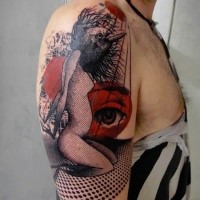 Photoshop style colored shoulder tattoo of woman with crow head and human eye