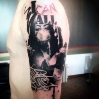Photoshop style colored shoulder tattoo of thug woman with lettering and graffiti