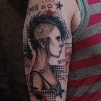 Photoshop style colored shoulder tattoo of punk woman with lettering and stars
