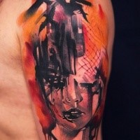 Photoshop style colored shoulder tattoo of mystic woman face and birds