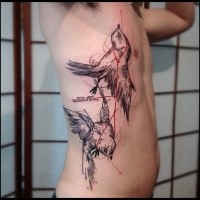 Photoshop style colored side tattoo of creepy bird