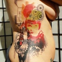 Photoshop style colored side tattoo of woman face with mechanisms