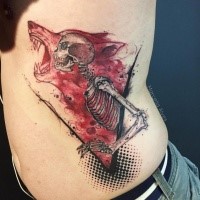 Photoshop style colored side tattoo of wolf combined with human skeleton