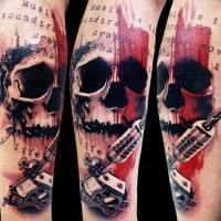 Photoshop style colored tattoo of human skull with lettering