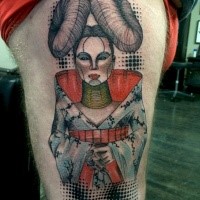 Photoshop style colored thigh tattoo of creepy looking geisha