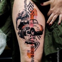 Photoshop style colored thigh tattoo of colored old car with animals and ornaments