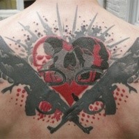 Photoshop style colored upper back tattoo of AK rifles with birds and skull