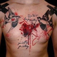 Photoshop style colorful chest tattoo of black crosses with birds, hearts and lettering