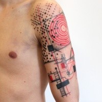 Photoshop style funny looking colored big tattoo on shoulder