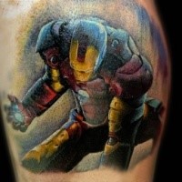 Picture like colored leg tattoo of cool Iron man