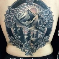 Picture style colored back tattoo of nice mountain river with flowers and sun