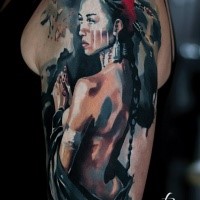 Picture style colored shoulder tattoo of seductive naked woman