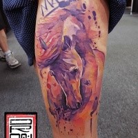 Picture style colored thigh tattoo of beautiful horse