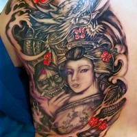 Picturesque colored big half back tattoo of Asian geisha with dragon and demons