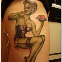Pin up girl zombi tattoo on thigh