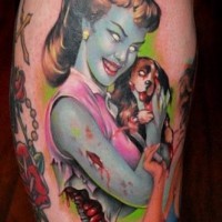 Pin up zombi girl with little dog tattoo