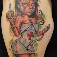 Pin up zombie nurse with syringe tattoo