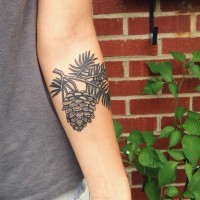 Kieferzweig mit Kegel Unterarm detailliertes realistisches Tattoo