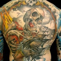Pirate ghost ship with a dead man tattoo on back by curtis burgess