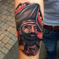 Pirate in a cocked hat tattoo on arm by mike stockings