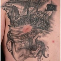 Pirate ship and mermaid with a knife tattoo