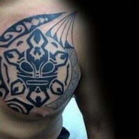 Polynesian style colored chest tattoo of little mask
