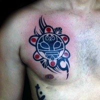 Polynesian style colored chest tattoo of antic symbol
