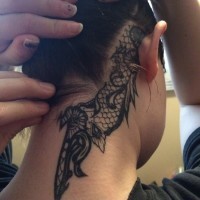 Polynesian style little black ink detailed ornaments tattoo on neck
