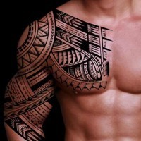 Polynesian style massive black ink ornaments tattoo on shoulder and chest