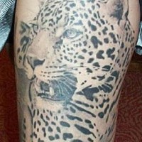 Tatuaje en el muslo,  retrato de jaguar enojado de colores gris y negro