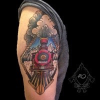 Portrait like old school style colored upper arm tattoo of steam train and mountains