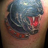 Tatuaje del retrato de una pantera con un collar rojo de perro.