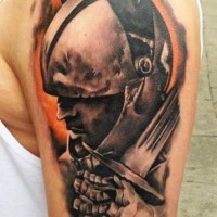 Portrait of a warrior in armor with sword tattoo