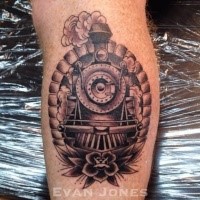 Portrait style black and gray keg tattoo of train with flower