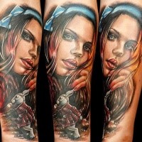 Portrait style colored arm tattoo of beautiful woman with rabbit