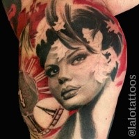Portrait style colored biceps tattoo of nice woman face with clock and leaves